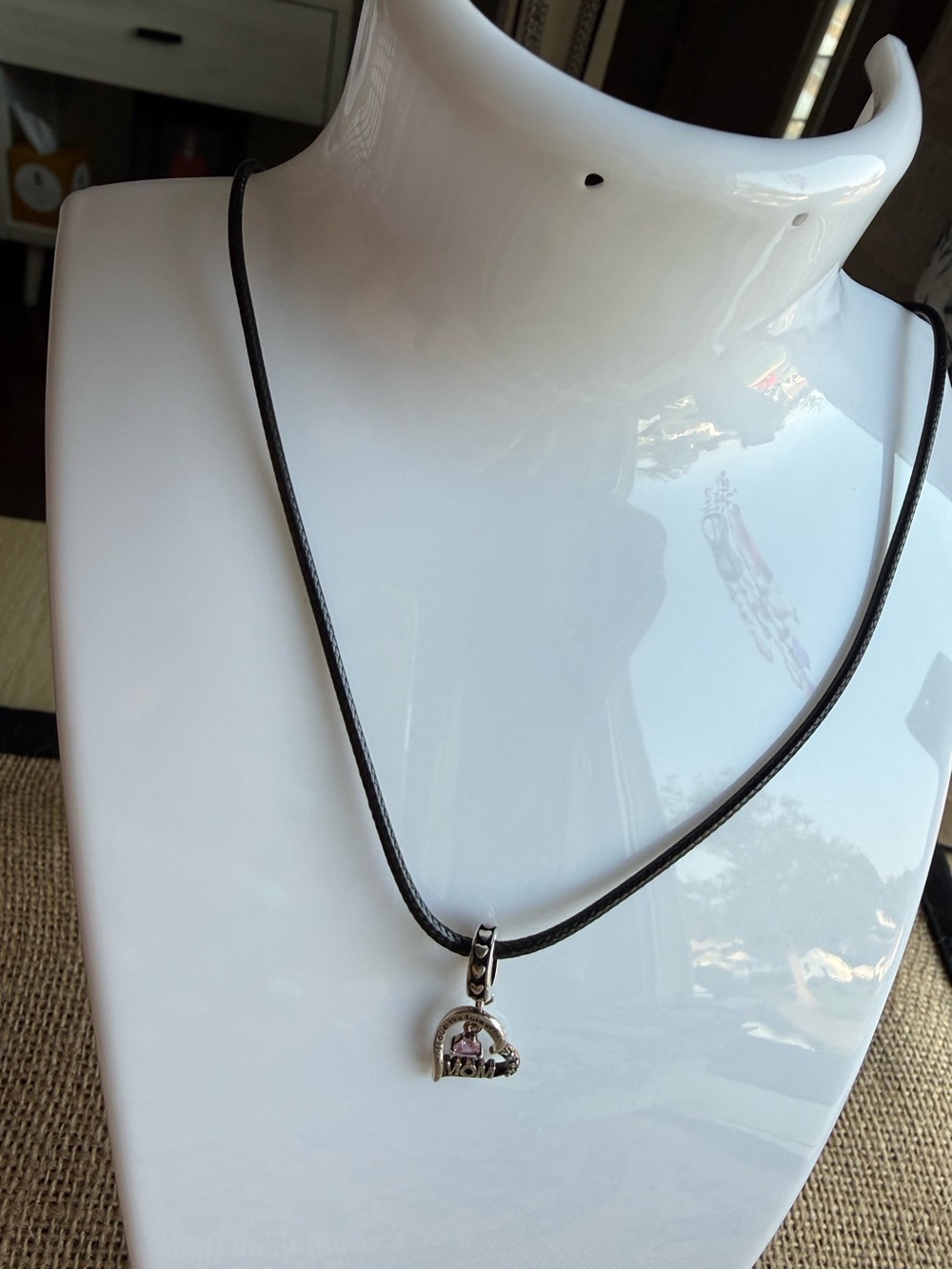 Black Leather Cord Necklace with Silver-tone Charm